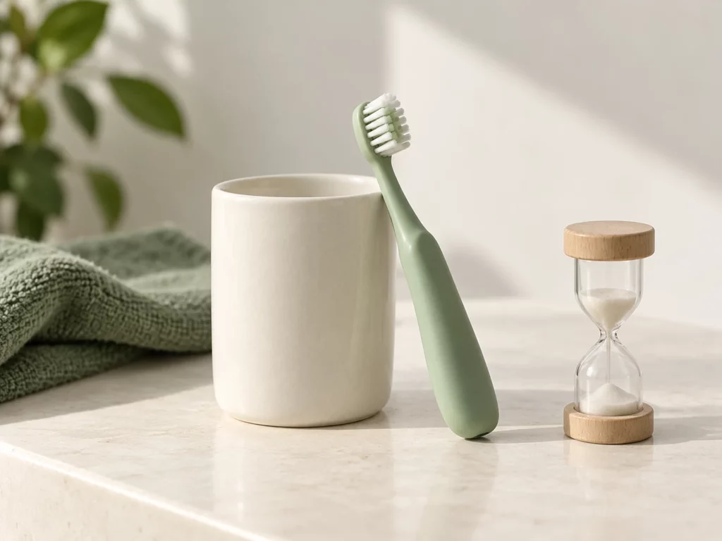 Cepillo infantil y reloj de arena, imagen ilustrativa del cuidado dental infantil